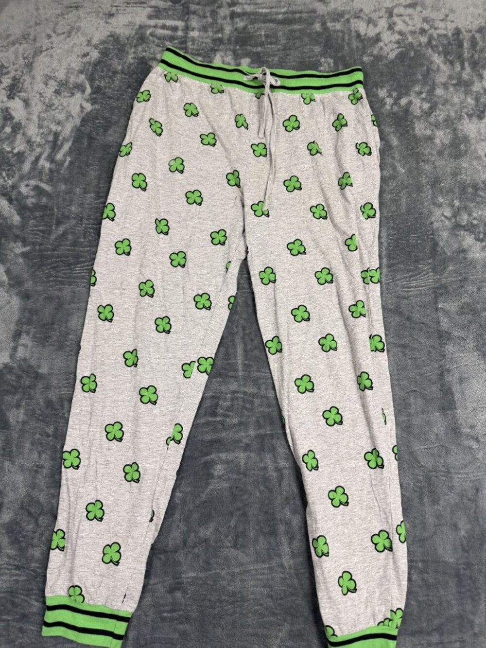 Shamrock Print Pajama Pants Green Striped Cuffs & Drawstring Waistband  Large
